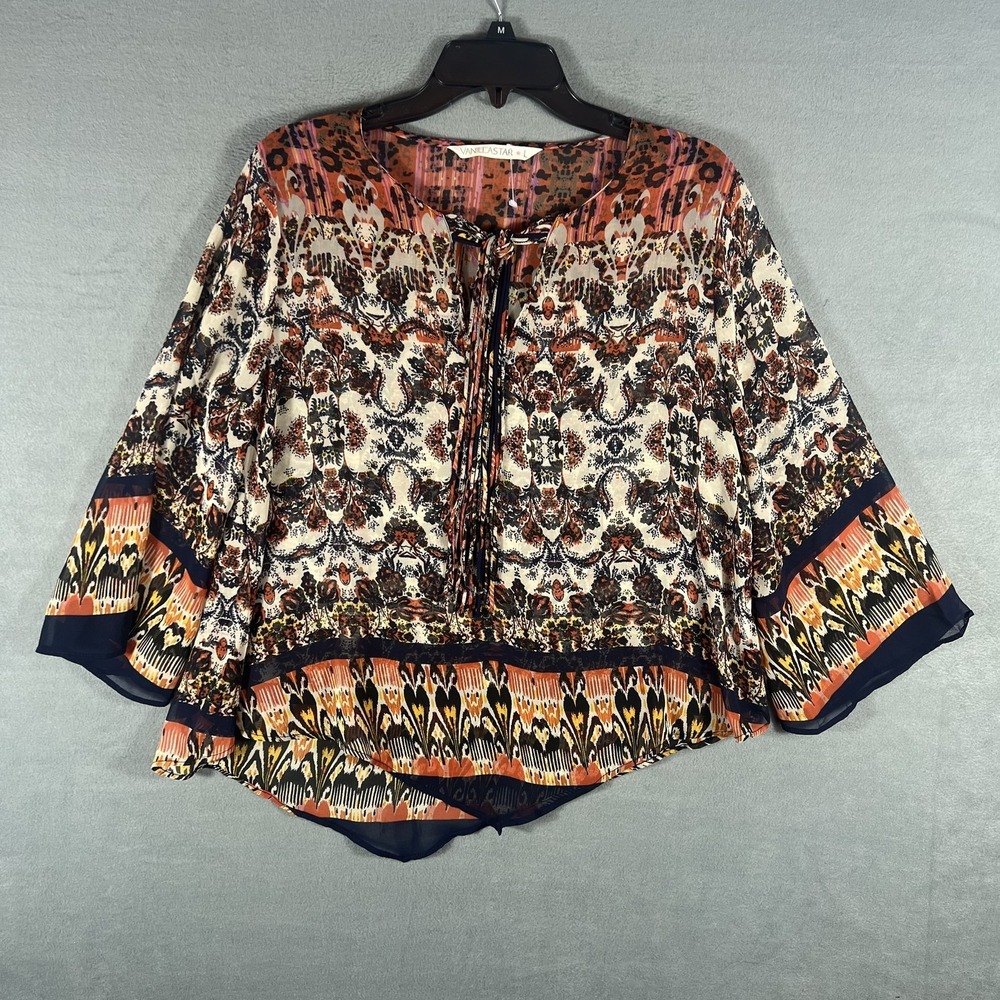 Vanilla Star Women's L Blouse Sheer Boho Paisley Print Tie Neck Bell‎ Sleeve Top